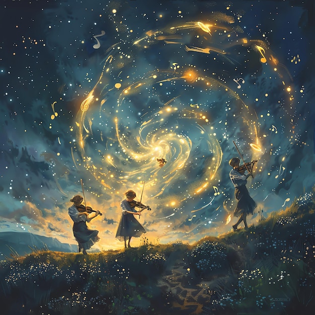 A beautiful painting of three young women playing the violin under a starry night sky