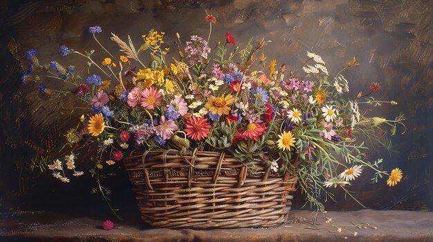 A beautiful painting of a wicker basket filled with colorful summer flowers