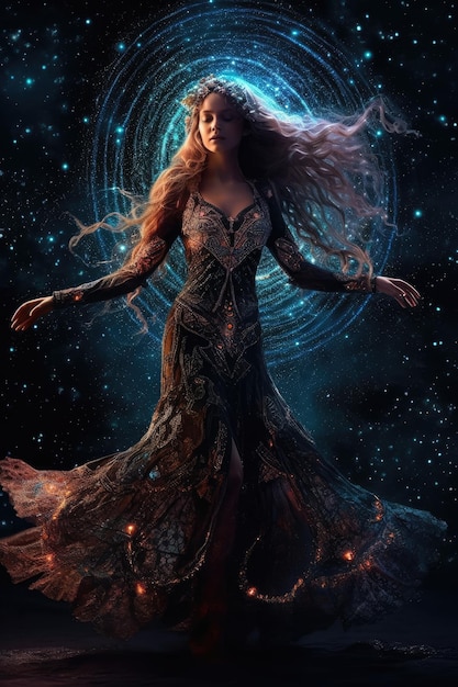 A beautiful painting of a woman with dress made up of cosmic elements