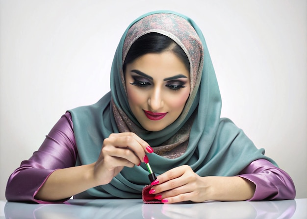 A beautiful Pakistani woman applying nail polish isolated on white background