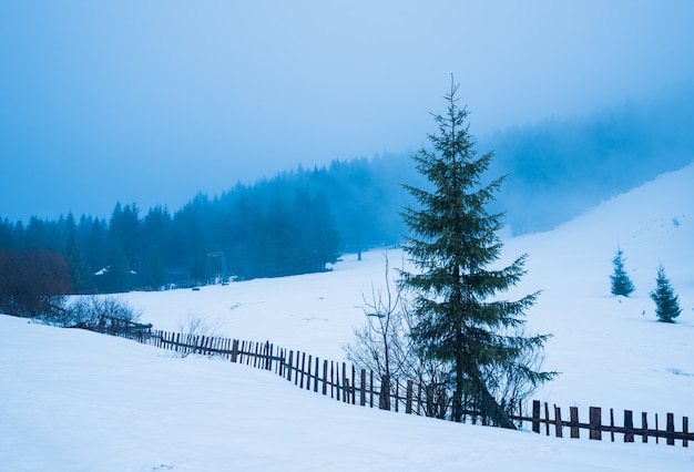 Beautiful panorama of fences peeping out from under high snowdrifts