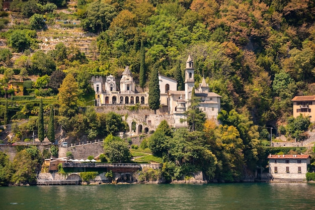 Beautiful panorama of lake Como with a small coastal town famous tourism destination