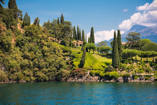 Beautiful panorama of lake Como with a small coastal town famous tourism destination