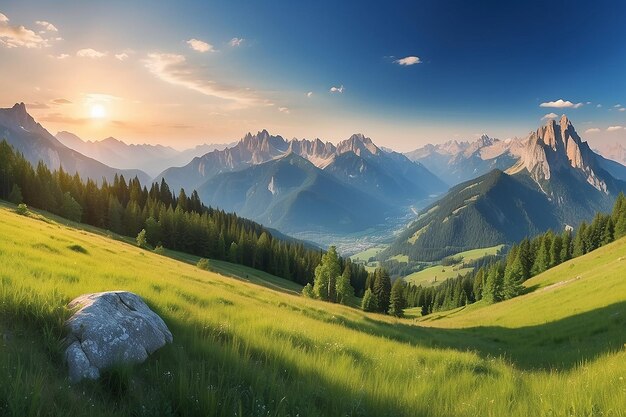 Photo beautiful panorama of mountains meadows and blue sky