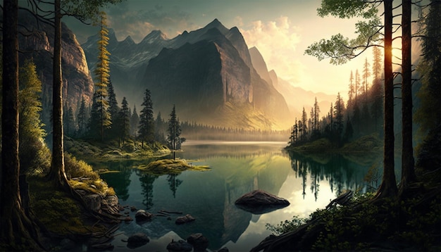 A beautiful panoramic landscape green forest with a lake and sunrise in the back mountain background with generative ai