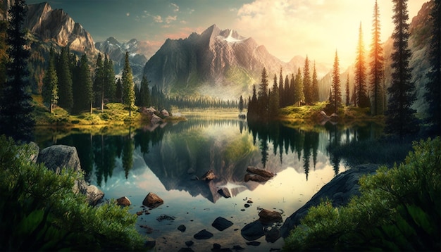 A beautiful panoramic landscape green forest with a lake and sunrise in the back mountain background with generative ai