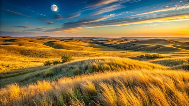 Photo beautiful panoramic scene of golden sunrise kansas tallgrass prairie preserve