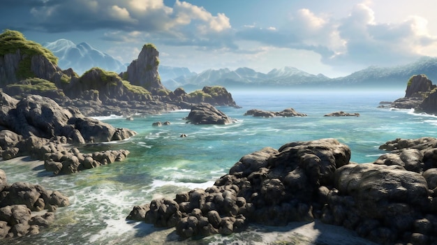 Beautiful panoramic seascape with rocky coast and mountains