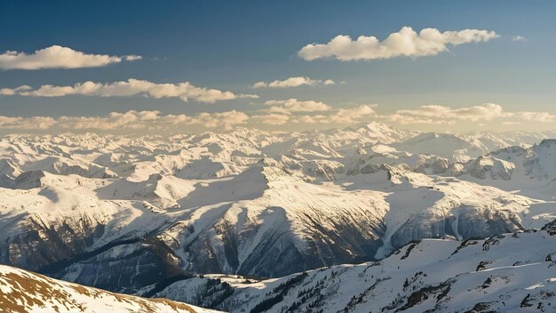 Beautiful panoramic shot of snow covered mountain ranges under a clear blue sunny sky