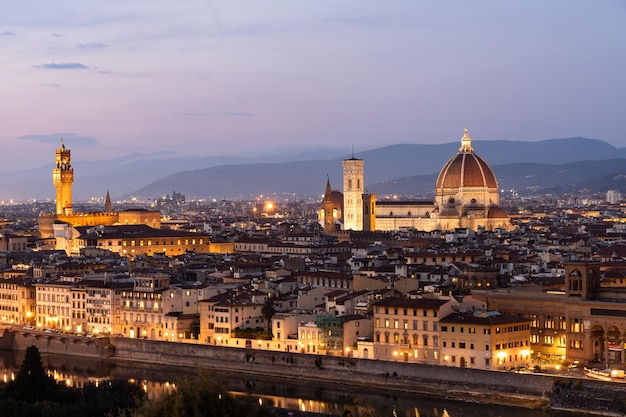 Beautiful panoramic view of the Cathedral of Santa Maria del Fiore from Piazza Michelangelo at night