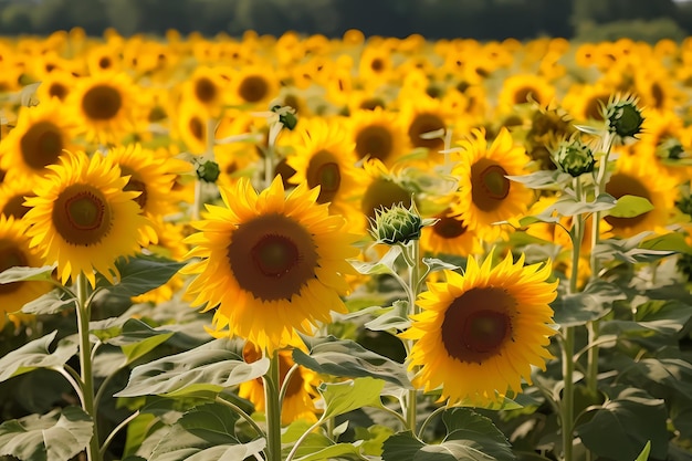 Beautiful panoramic view of the field of sunflowers in the light of the sun Yellow sunflower close