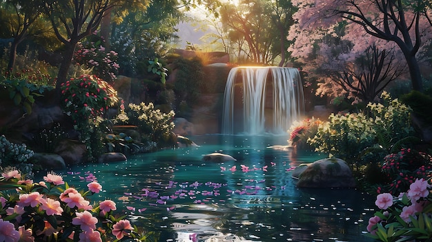 Beautiful Panoramic view of Mountain Landscape with Waterfalls nature and Vibrant Flowers Wallpaper Background