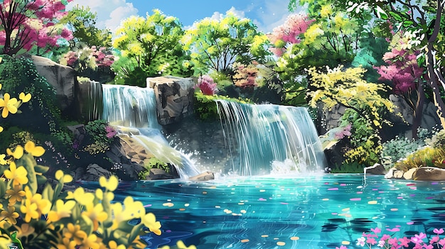 Photo beautiful panoramic view of summer landscape with waterfalls nature house and flowers wallpaper background