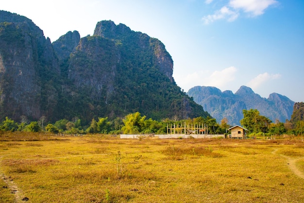 A beautiful panoramic view of Vang Vieng city located in Laos