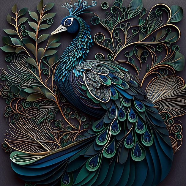 Beautiful paper quilling art peacock animal design illustration AI Generated image