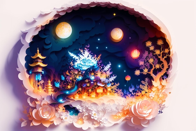 A beautiful Papercut landscape The Enchanting Beauty of Papercut Landscapes Papercut illustration Generative AI