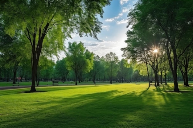 Beautiful park scene in public park with green grass field