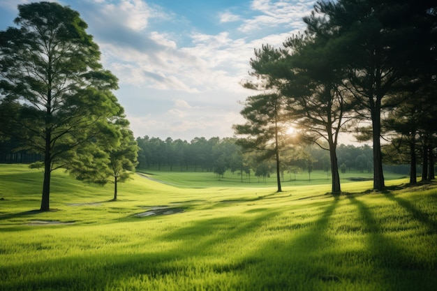 Beautiful park scene in public park with green grass field