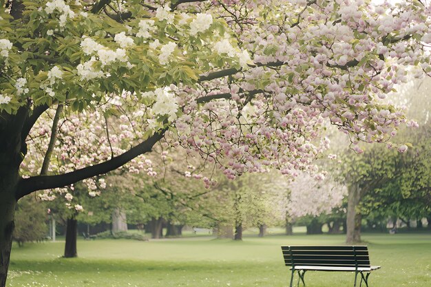 Photo a beautiful park in spring with pastelcolored blossoms on trees bathed in soft natural light