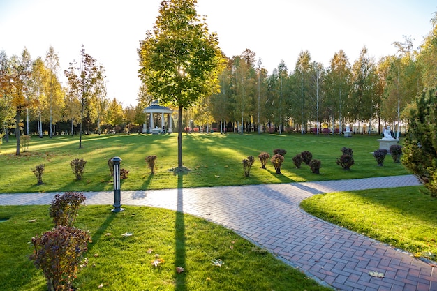 The beautiful park with different plants and cleaned lawns. The stone walkway extends across the lawns. On the background located a small gazebo.