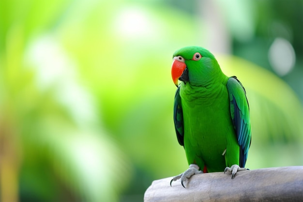 Beautiful parrot sitting on a branch and blurred jungle in background World Parrot Day