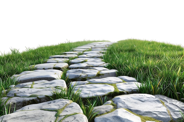 Photo beautiful path cobblestones on the green grass isolated on white background