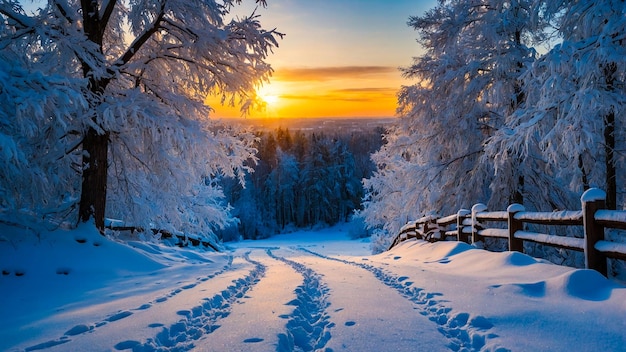 Photo beautiful path covered in winter snow with scenic sunset view generated by ai