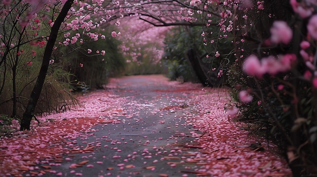 A beautiful path covered with fallen pink cherry blossom petals The path is surrounded by trees with delicate pink blossoms