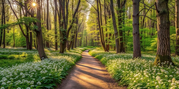 Photo a beautiful path in the forest surrounded by blooming flowers and lush greenery captured from a tilted angle in moscow region russia in may representing the magnificent beauty of spring in nature