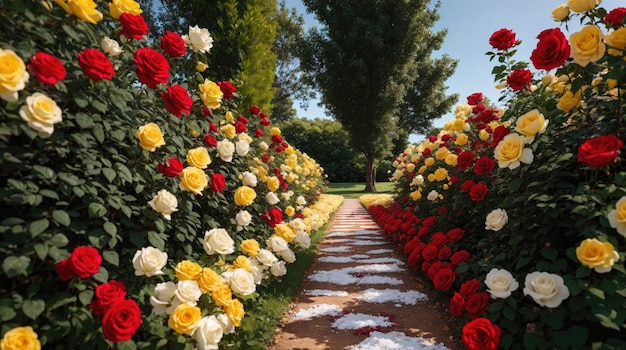 A beautiful path in the garden background with flowers