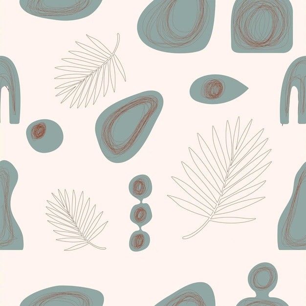 Beautiful pattern with palm leaves and geometric shapes with smooth corners in light colors Illustration can be used in designs