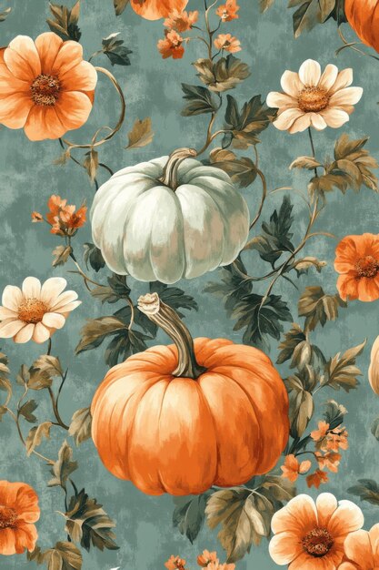 Photo a beautiful pattern with pumpkins in a muted teal background autumn hand drawn illustration