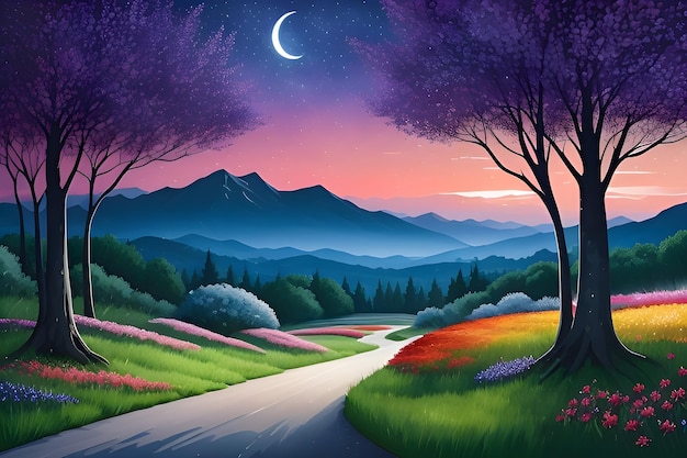 Beautiful and Peaceful Nature Scenery Illustration Landscape Countryside Colorful