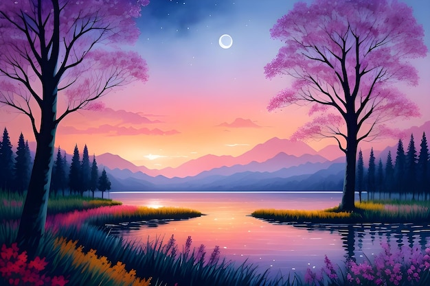 Beautiful and Peaceful Nature Scenery Illustration Landscape Countryside Colorful