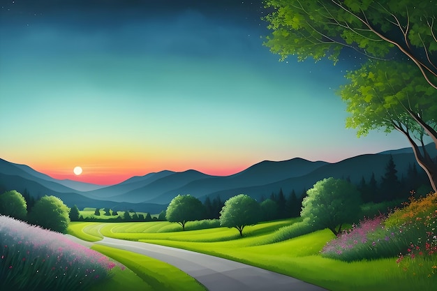 Beautiful and Peaceful Nature Scenery Illustration Landscape Countryside Tranquil Colorful