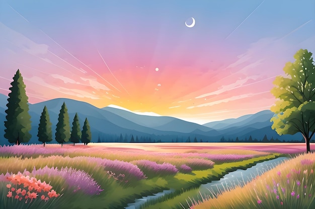 Beautiful and Peaceful Nature Scenery Illustration Landscape Countryside Tranquil Colorful