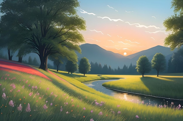 Beautiful and Peaceful Nature Scenery Illustration Landscape Countryside Tranquil Colorful