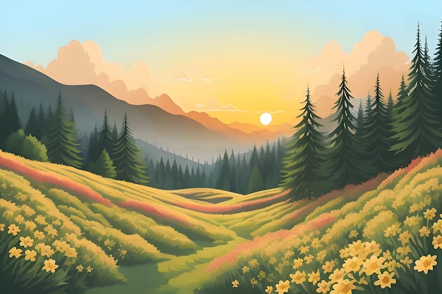 Beautiful and Peaceful Nature Scenery Illustration Landscape Countryside Tranquil Colorful