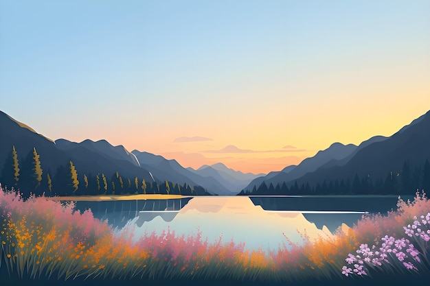 Beautiful and Peaceful Nature Scenery Illustration Landscape Countryside Tranquil Colorful