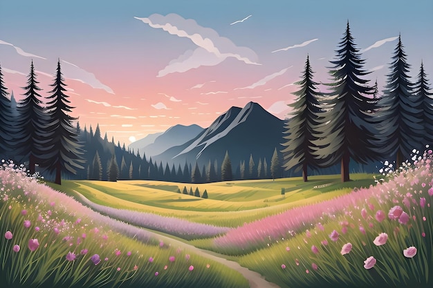 Beautiful and Peaceful Nature Scenery Illustration Landscape Countryside Tranquil Colorful