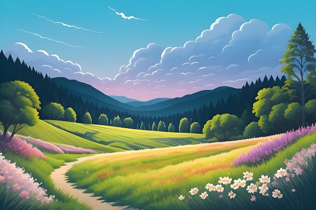 Beautiful and Peaceful Nature Scenery Illustration Landscape Countryside Tranquil Colorful