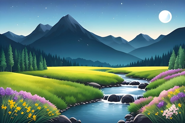 Beautiful and Peaceful Nature Scenery Illustration Landscape Countryside Tranquil Colorful