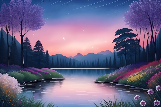 Beautiful and Peaceful Nature Scenery Illustration Landscape Countryside Tranquil Colorful