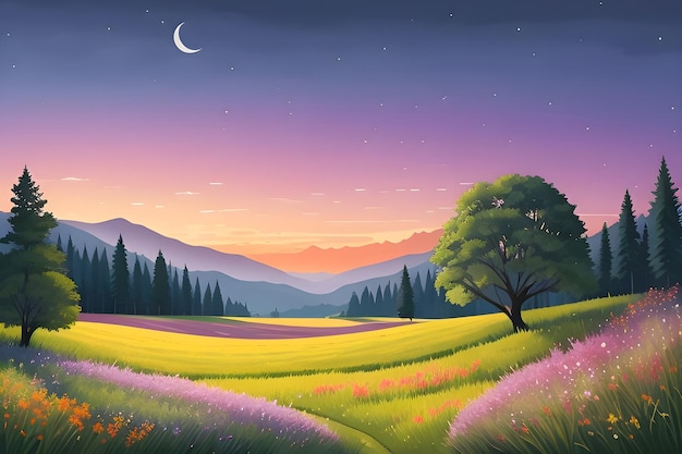 Beautiful and Peaceful Nature Scenery Illustration Landscape Countryside Tranquil Colorful