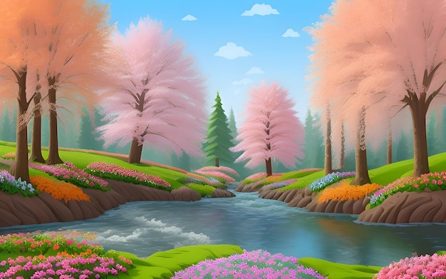 Beautiful and Peaceful Nature Scenery Illustration Landscape Countryside Tranquil Serene Vibrant