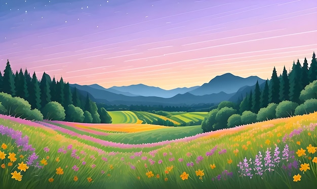 Beautiful and Peaceful Nature Scenery Illustration Landscape Countryside Tranquil Serene Vibrant