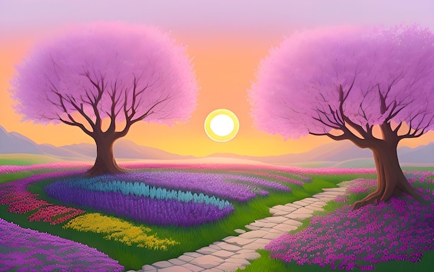 Beautiful and Peaceful Nature Scenery Illustration Landscape Countryside Tranquil Serene Vibrant