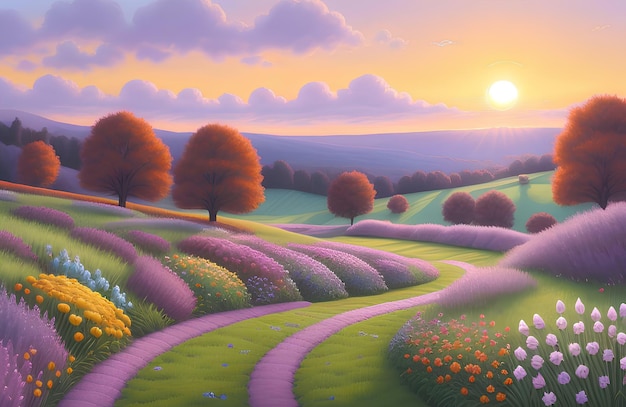 Beautiful and Peaceful Nature Scenery Illustration Landscape Countryside Tranquil Serene Vibrant