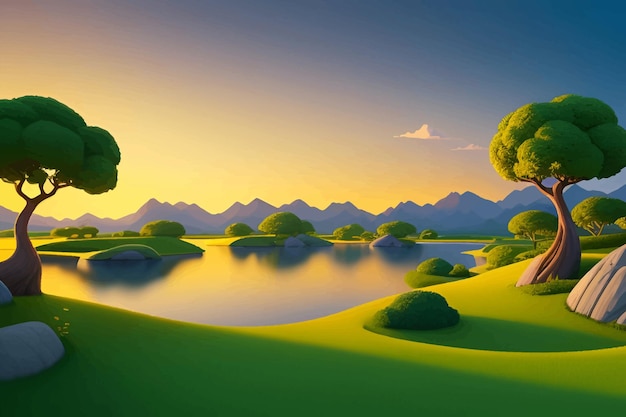 Beautiful and Peaceful Nature Scenery Illustration Landscape Countryside Tranquil Serene Vibrant