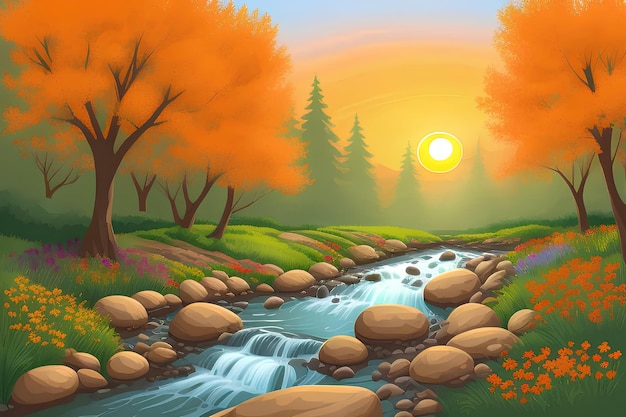 Beautiful and Peaceful Nature Scenery Illustration Landscape Countryside Tranquil Serene Vibrant